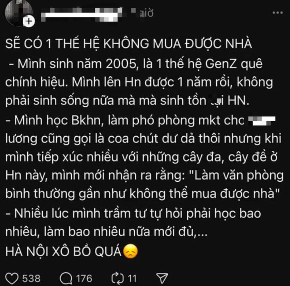GenZ than thở trên Threads "Sẽ có 1 thế hệ không mua được nhà" - Nỗi lòng của nhiều dân văn phòng chật vật đấu tranh nơi thành phố lớn- Ảnh 1. GenZ than thở trên Threads "Sẽ có 1 thế hệ không mua được nhà" - Nỗi lòng của nhiều dân văn phòng chật vật đấu tranh nơi thành phố lớn- Ảnh 1.